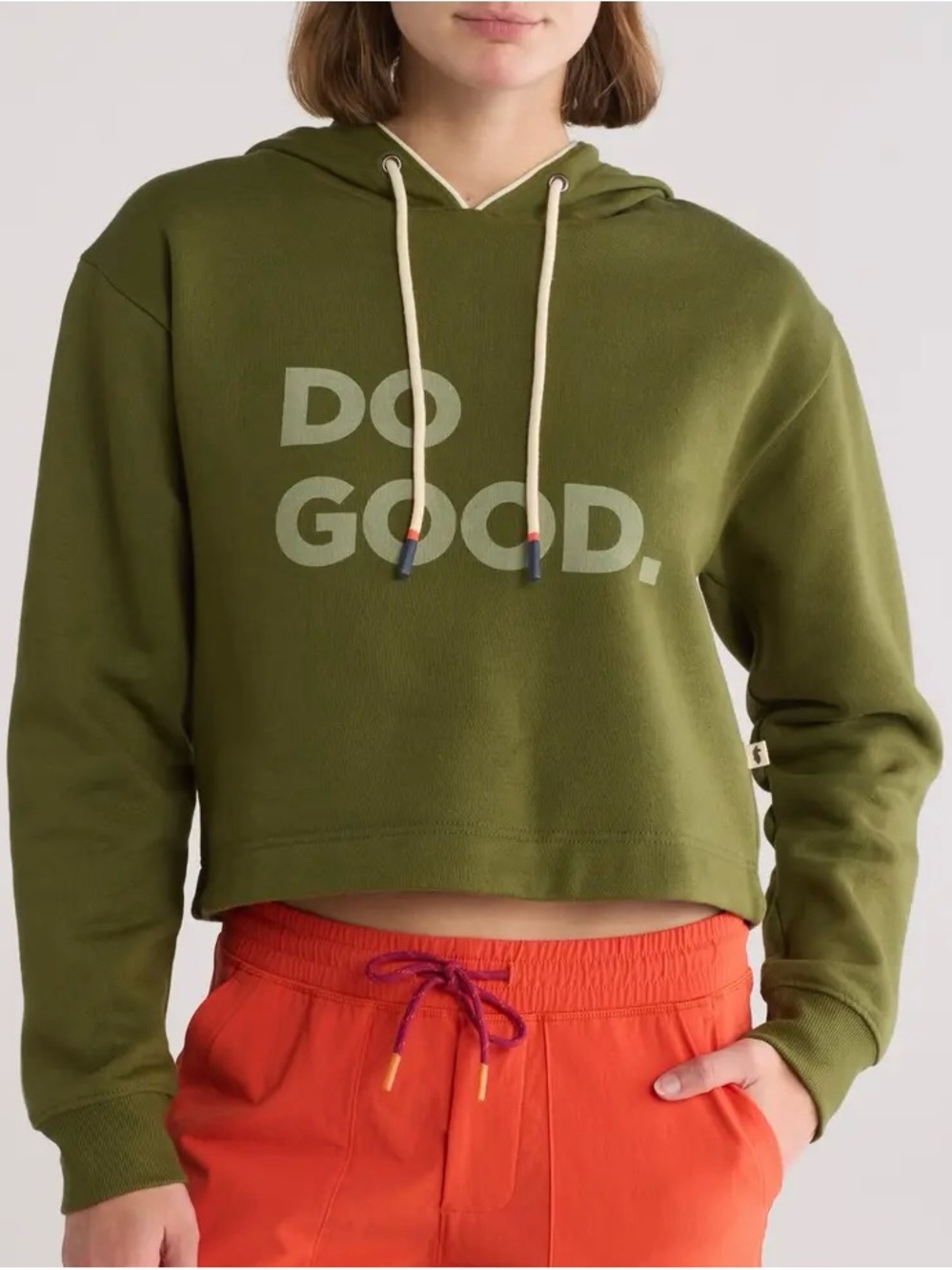 Cotopaxi Do Good Crop Hoodie in a forest green color Sz L (22ptp)